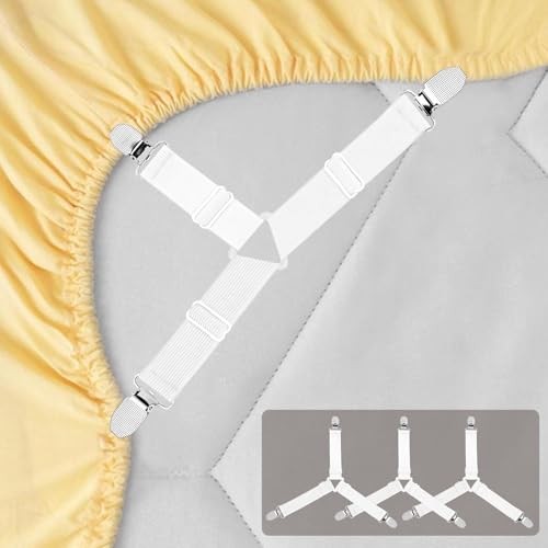 4pcs Bed Sheet Straps Holders, Adjustable Non Slip Elastic Bedsheet 4pcs White