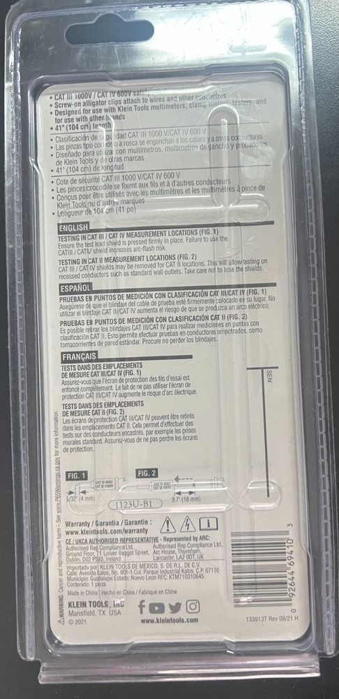 Klein Tools 69410 Replacement Test Lead Set Right-Angle Inputs 41" (104cm) 4103