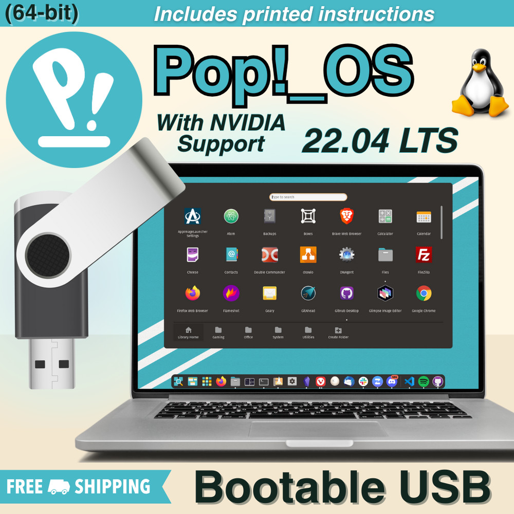Pop!_OS 22.04 LTS 64-Bit Bootable USB Drive With NVIDIA | Includes Instructions
