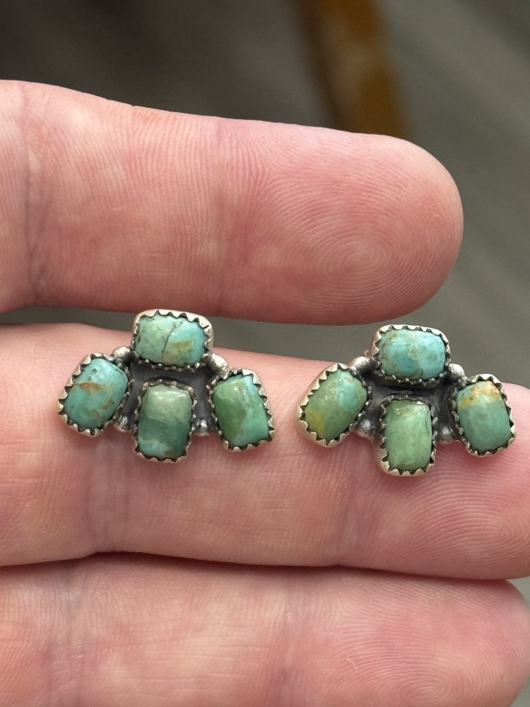 STERLING SILVER TURQUOISE 4 STONE HALF CLUSTER STUD POST EARRINGS .925