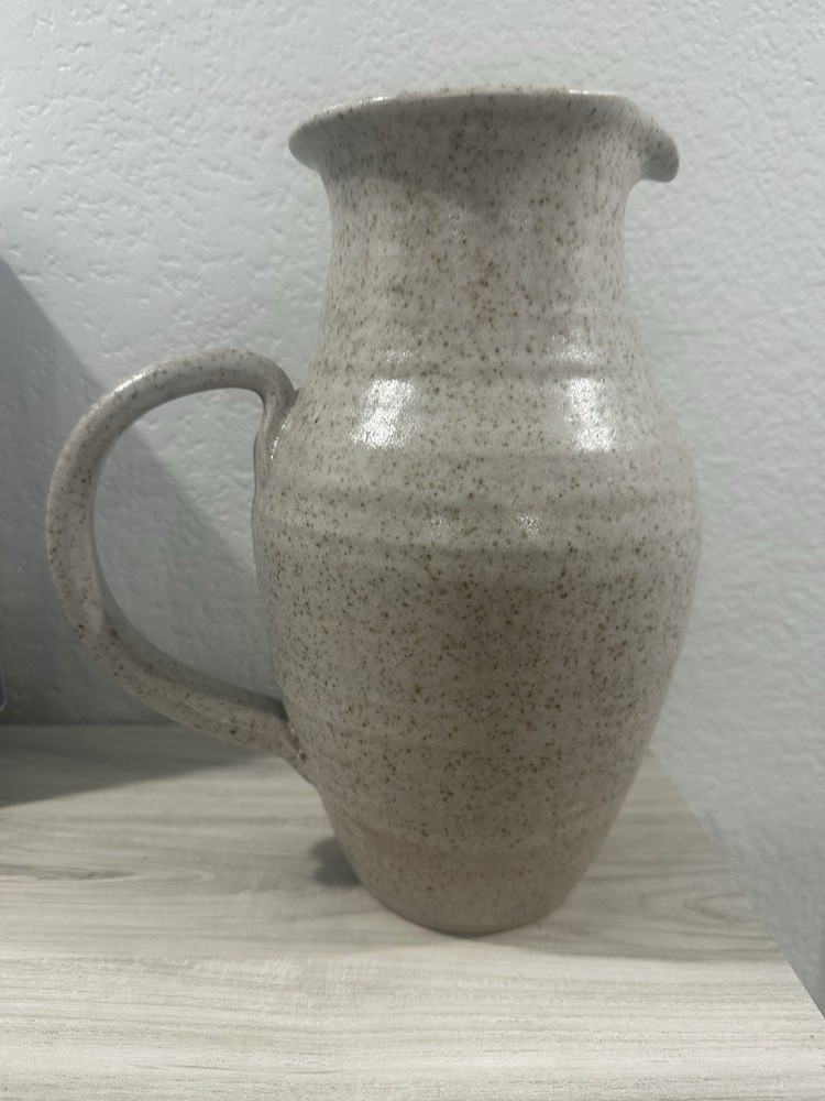 Ceramic Speckled Botanical Pitcher Blue Beige Glossy Pottery Handle 11 Inch