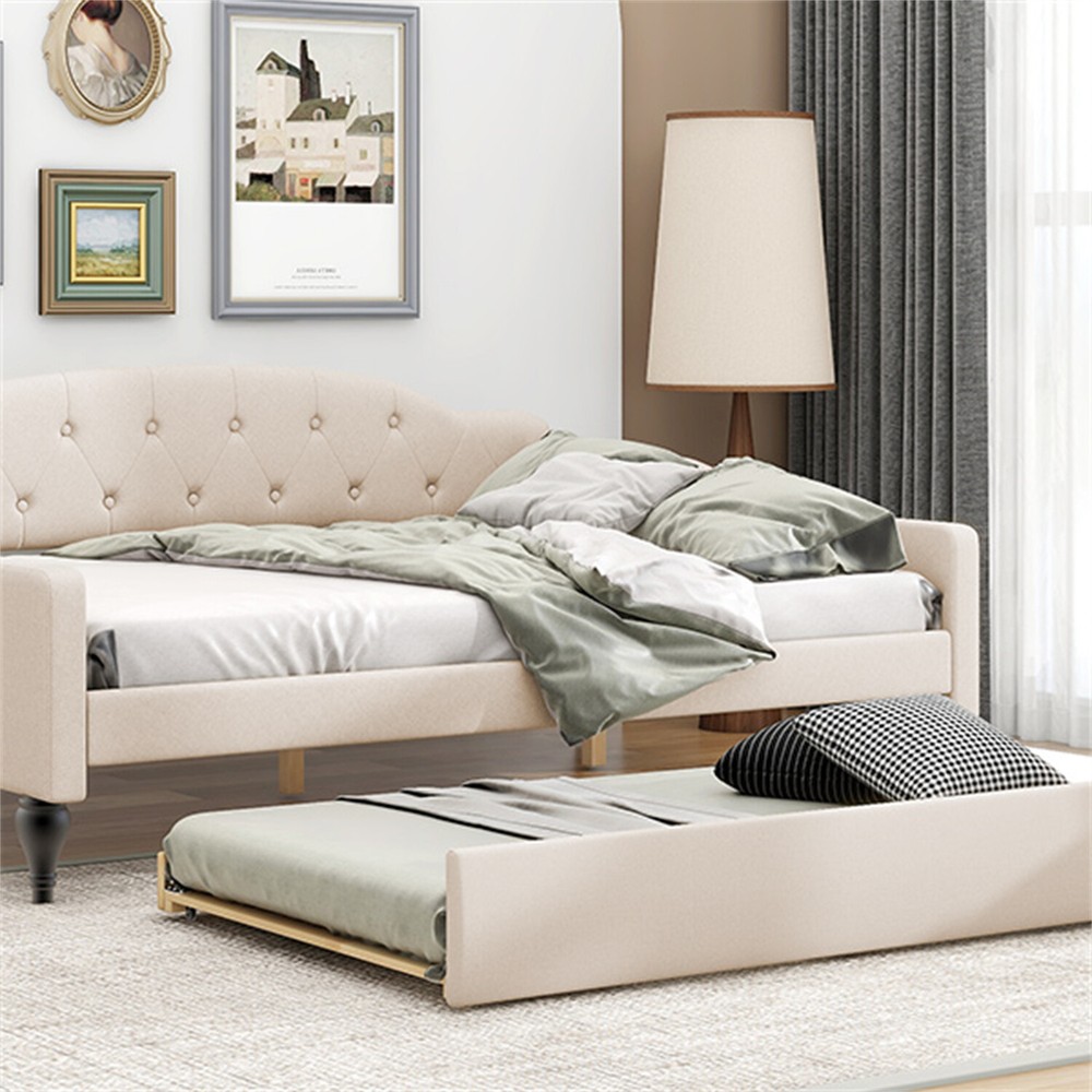 Full Size Daybed w/ Pull-Out Trundle Bed Upholstered Bed Frame Sofa Bed Beige US