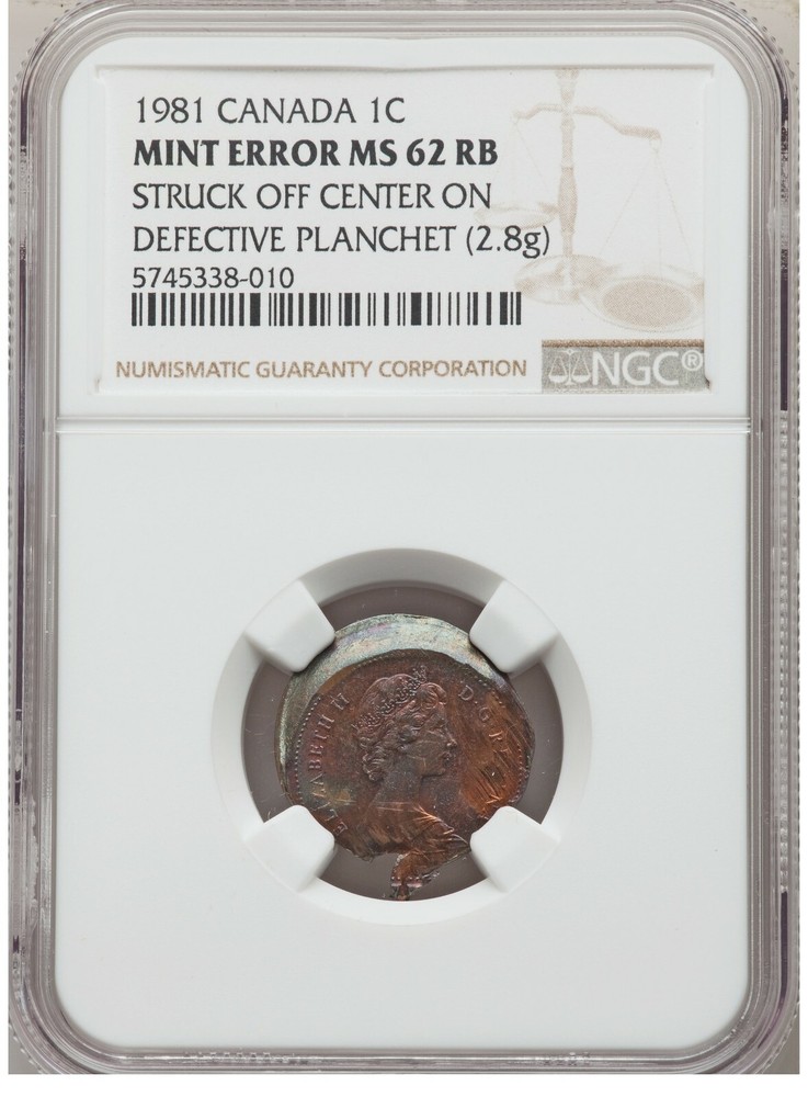 1981 Canada 1 Cent NGC Graded MS 62 RB. Struck off center- Error
