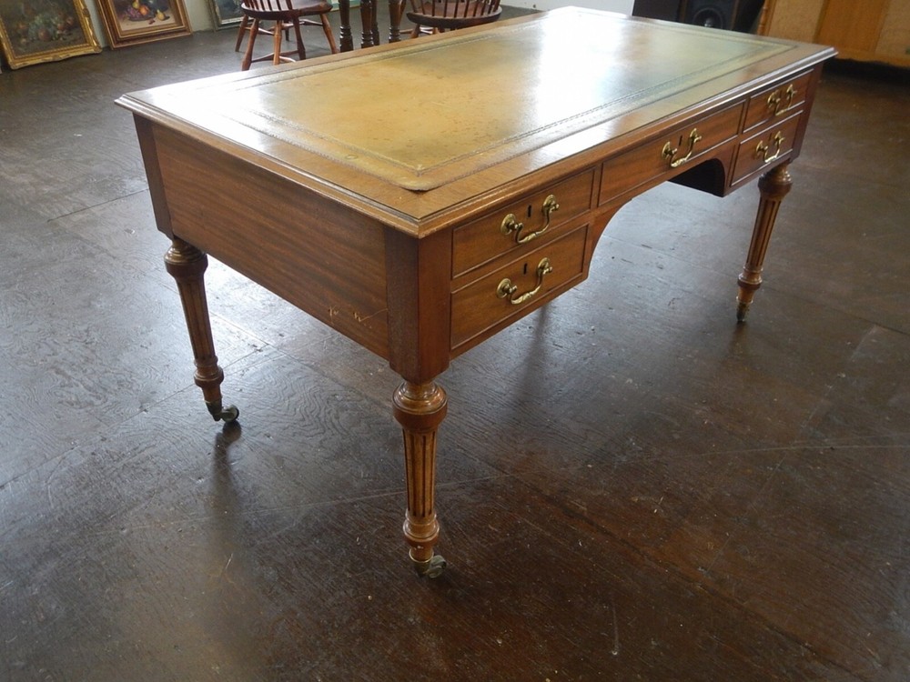 Antique Five-Drawer Gilt Embossed Leather Top Writing Desk