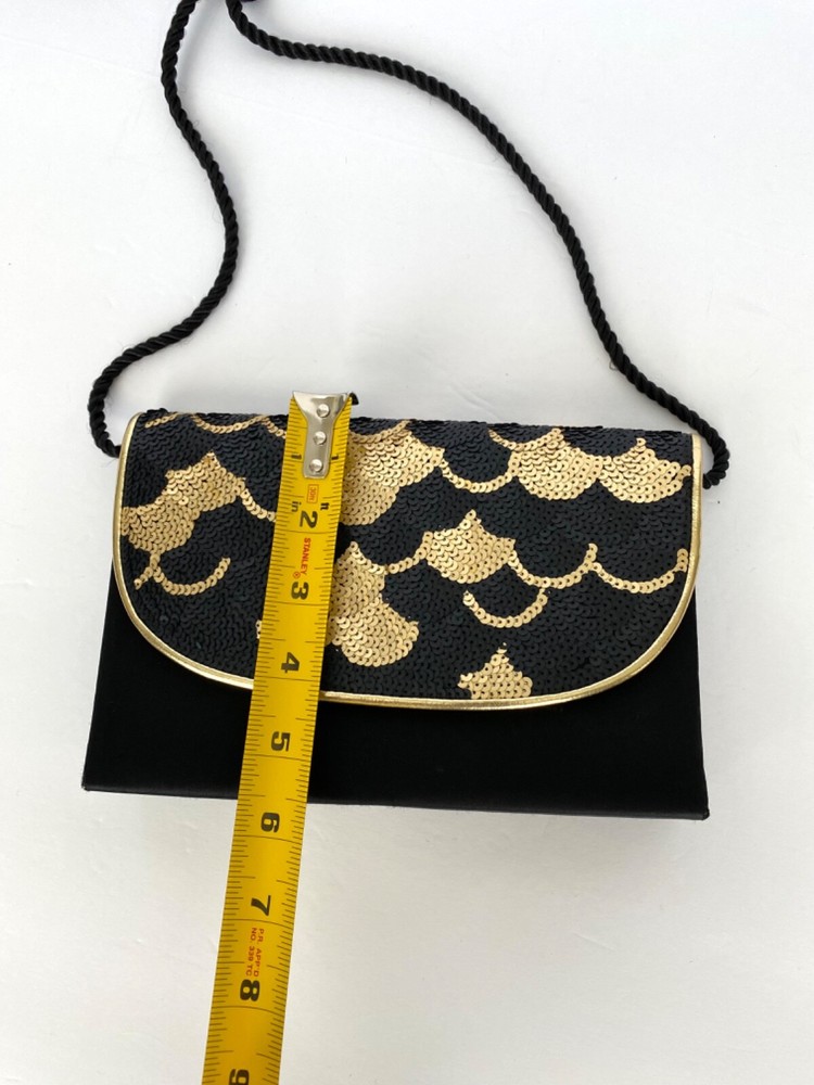 Evening Bag Satin Sequins Black Gold Tone Caparros