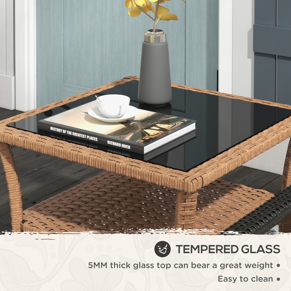 Outsunny Patio Wicker Coffee Table w/ Two-tier Design, Side Table, Sand