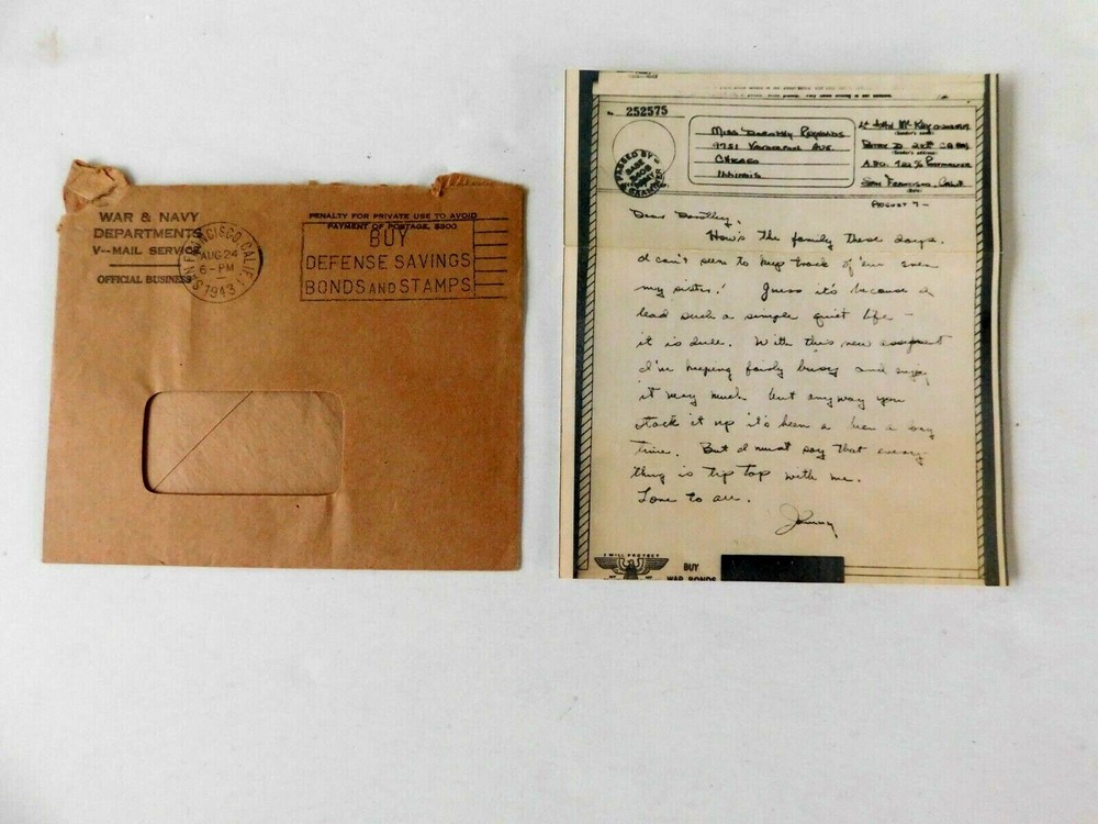 Military V- Mail from GI somewhere in the Pacific, 1943, Numbered, org envelope