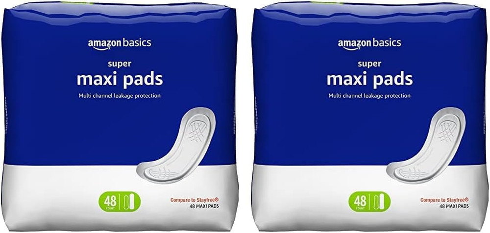Amazon Basics Thick Maxi Pads for Periods, Super Absorbency, Unscented, 48 Count