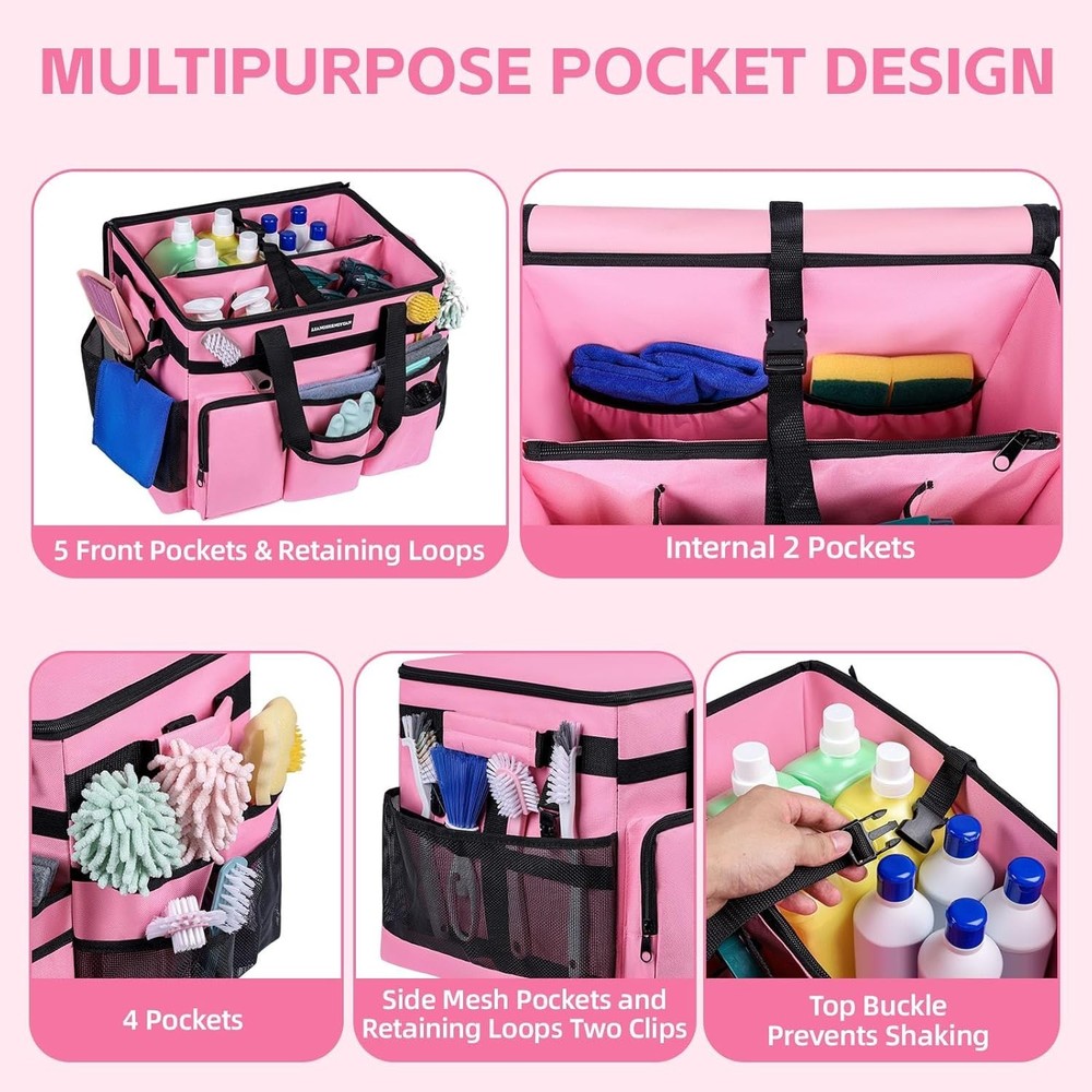 Versatile Pink Cleaning Caddy with Wheels - 17 Compartments & Detachable Trolley