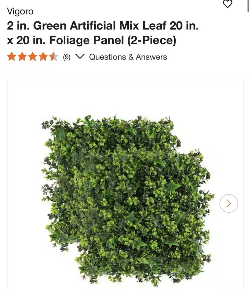Vigoro Artificial Leaf Foliage Panel 20x20 2pc Green Wall Decor