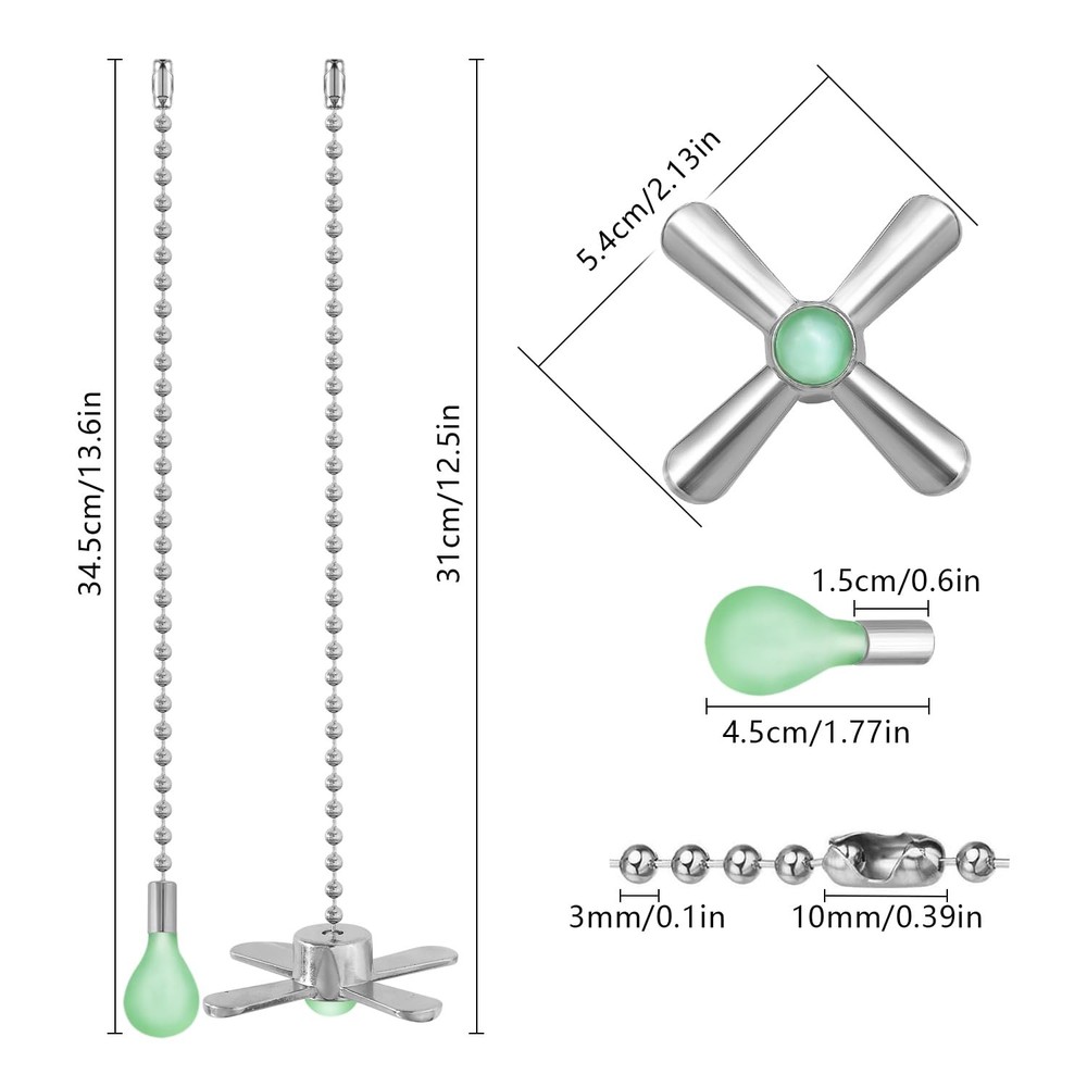 Dotlite Silver Ceiling Fan Pull Chain Set, 2Pack 3mm 12 inches,