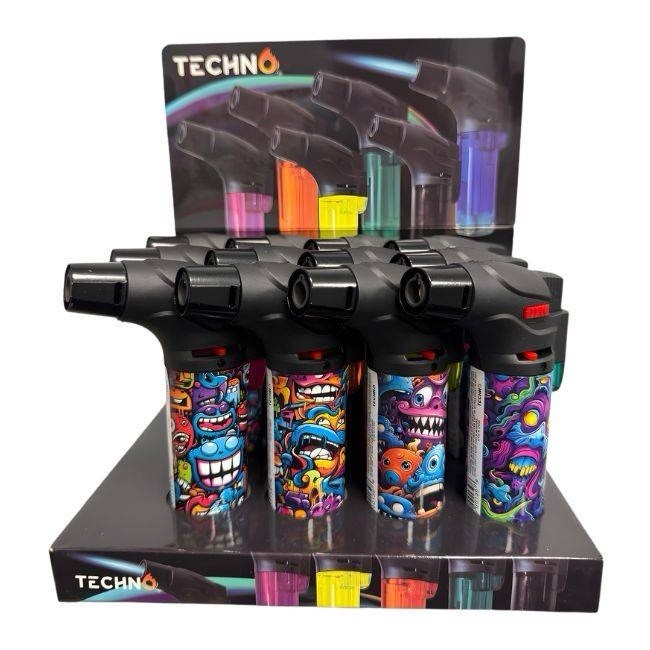 TECHNO BUTANE GAS ASSORTED DESIGN TORCH LIGHTER 12CT/ DISPLAY