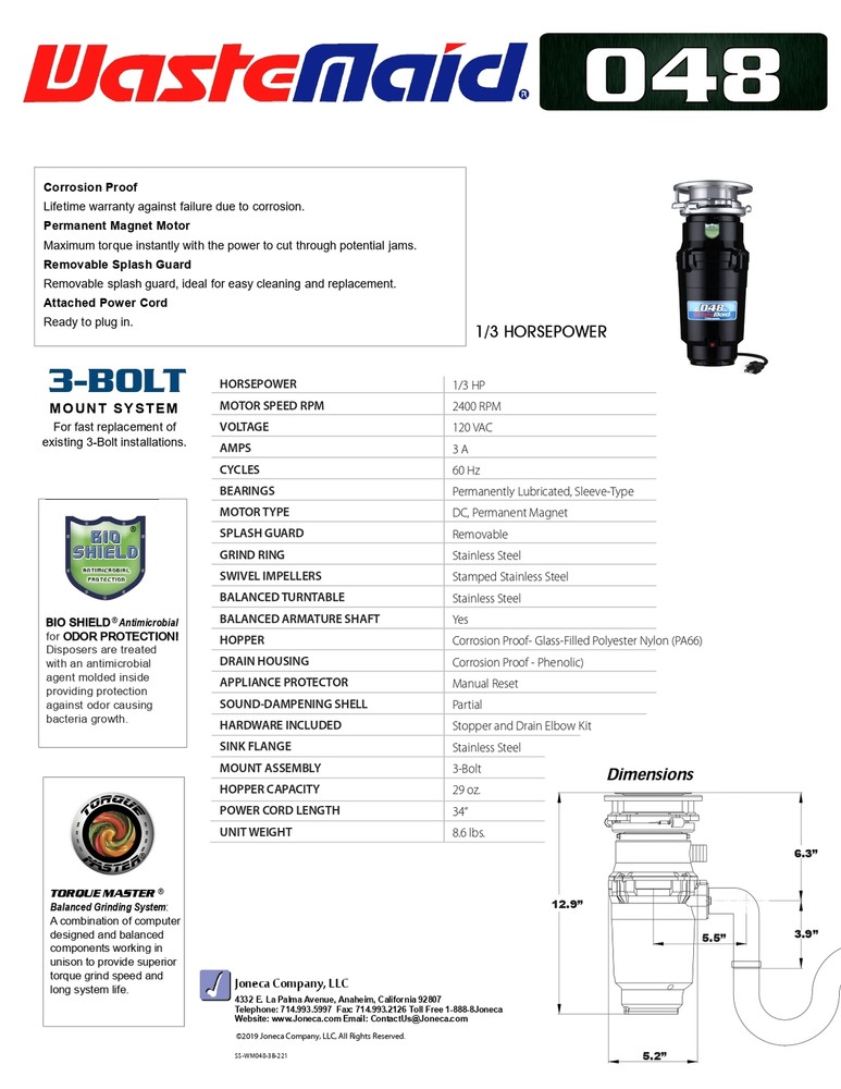 WasteMaid 1/3 HP Continuous Feed Garbage Disposal w/ Cord, Stopper, Splash Guard