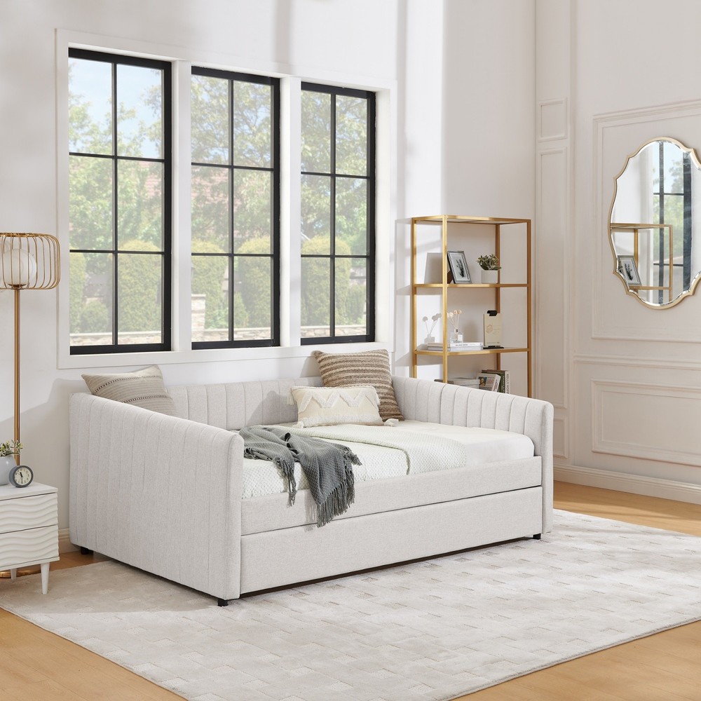 Full Daybed Modern Linen Upholstered Bed Frame Sofa Bed with Pull-Out Trundle