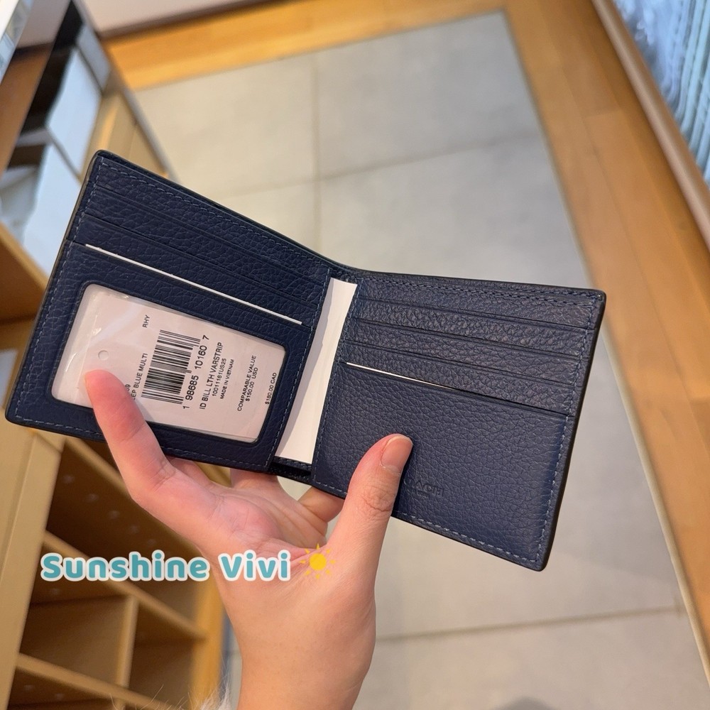 NWT Coach Id Billfold Wallet With Varsity Stripe Deep Blue Multi CDC89