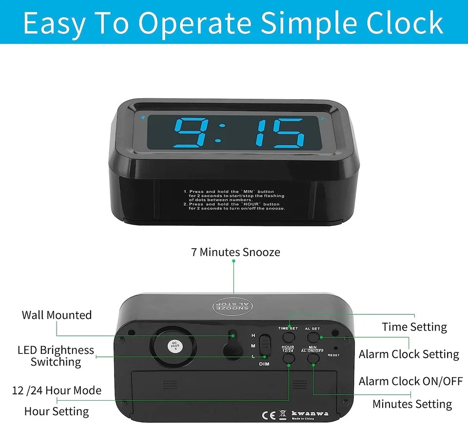KWANWA Alarm Clock, Digital Clock, Constantly 1.2'' LED Blue Digits Display