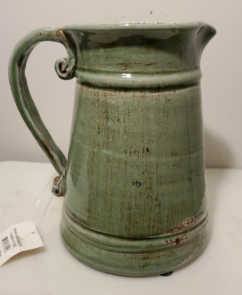 New Avocado Green Distressed Heavy Pottery Stoneware Drink Pitcher Home Decor