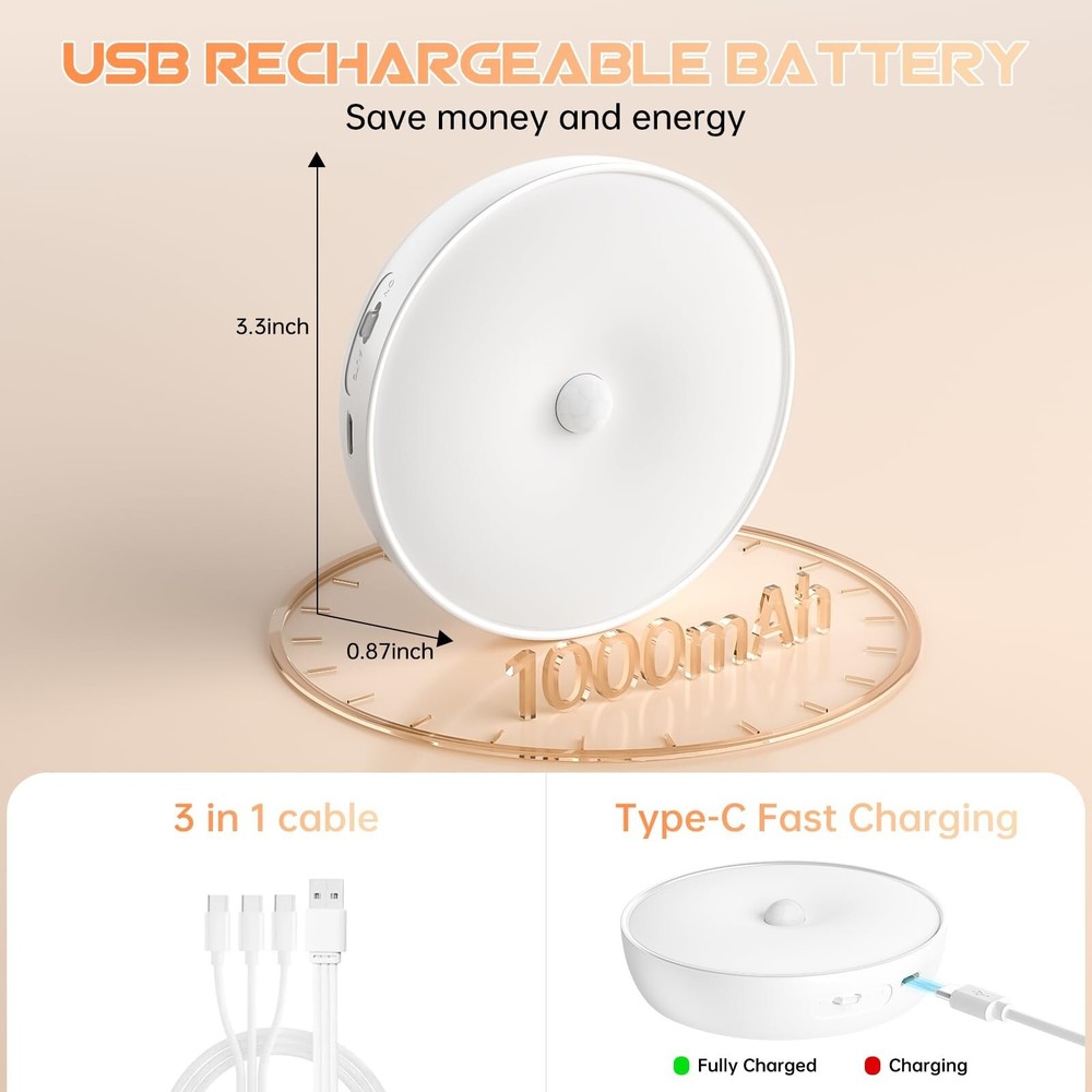 Warm Color LED Closet Lights Wireless Motion Sensor Puck Light, USB Rechargea...