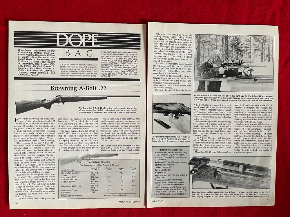 Browning A Bolt .22 Magazine Article/Print Ad Gun Specs & Accuracy Chart 1988