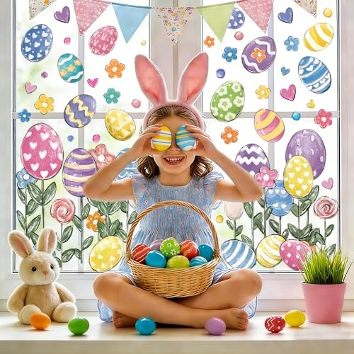 6 Sheets Large Easter Window Clings Happy Easter Eggs Window Eggs with Flower