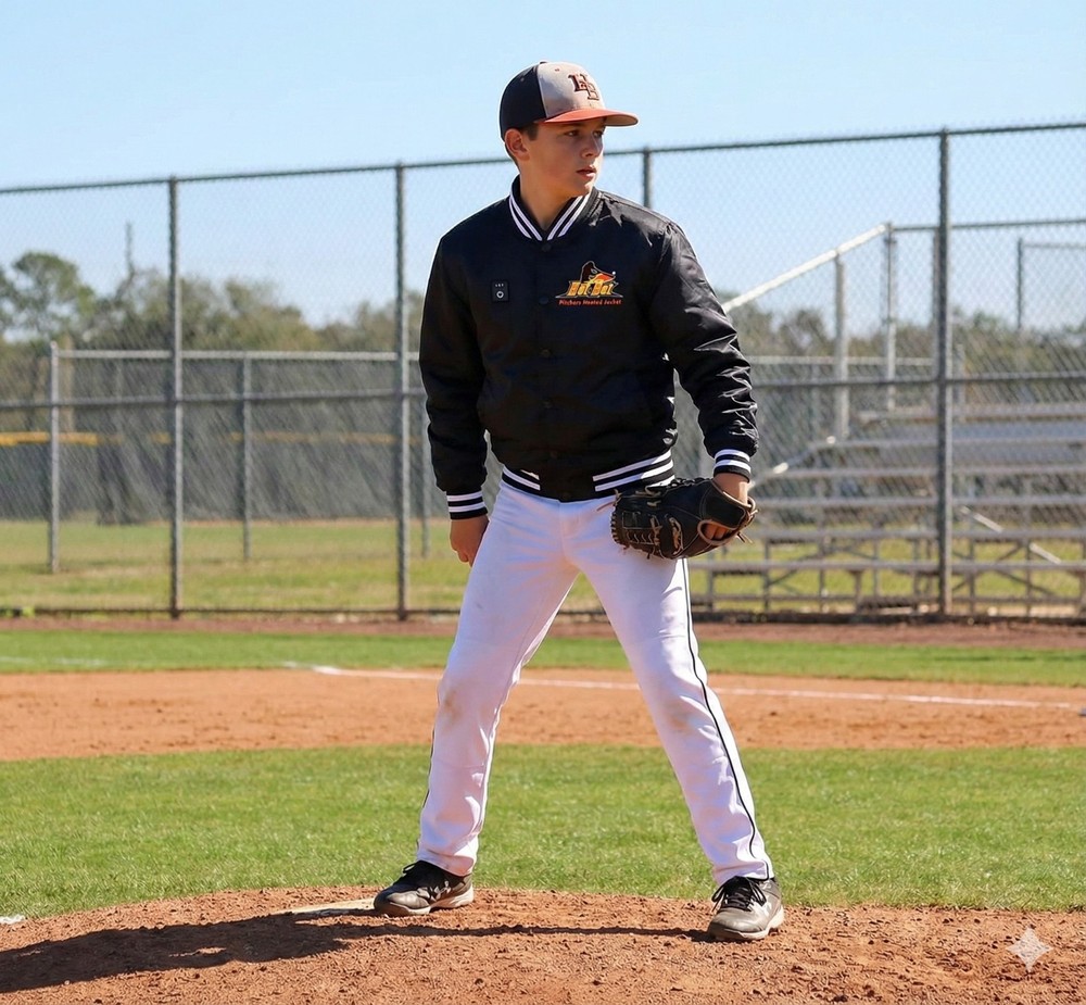 Pitchers Heated Jacket by Hot Bat Sports Left arm throw only