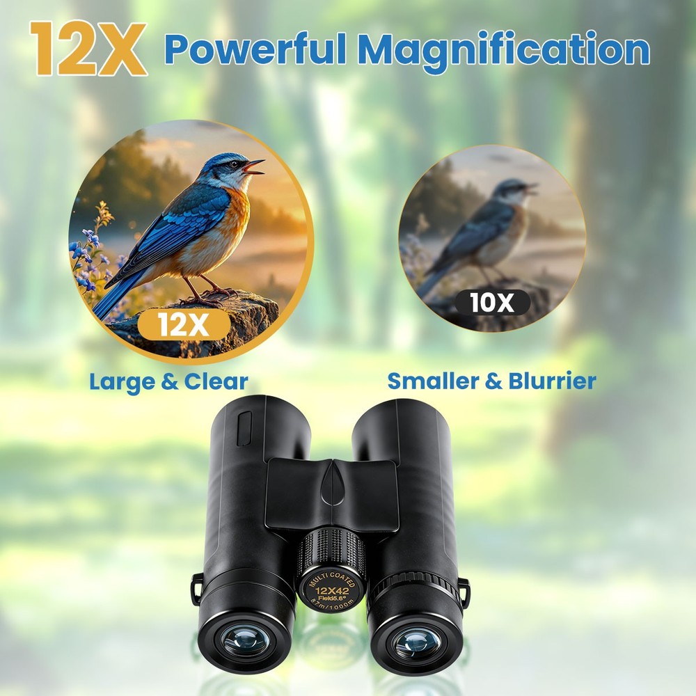 Day/Night 12x42 High Powered Binoculars for Adults Waterproof Compact Binoculars