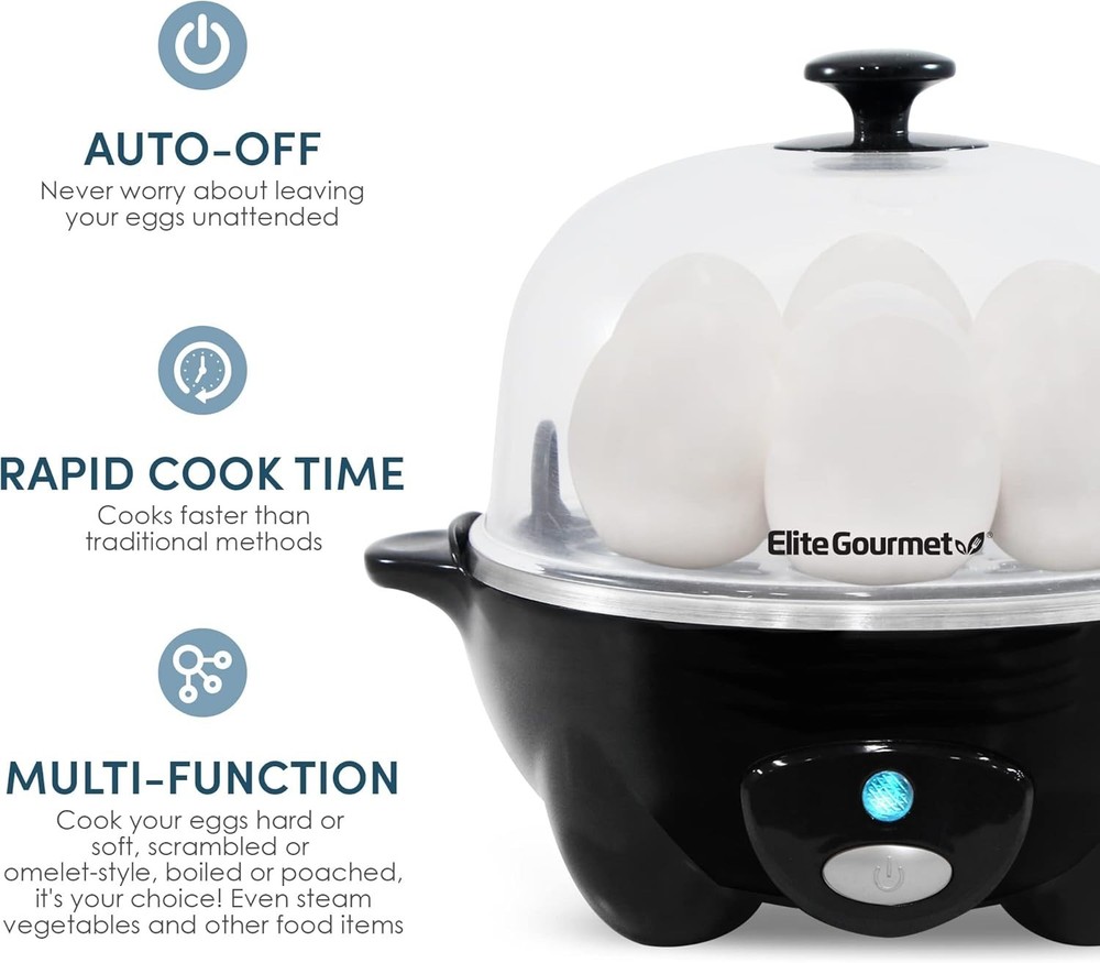 Automatic 7-Egg Cooker Black: Fast Boiled, Poached, Omelet, Easy Peel, Recipes