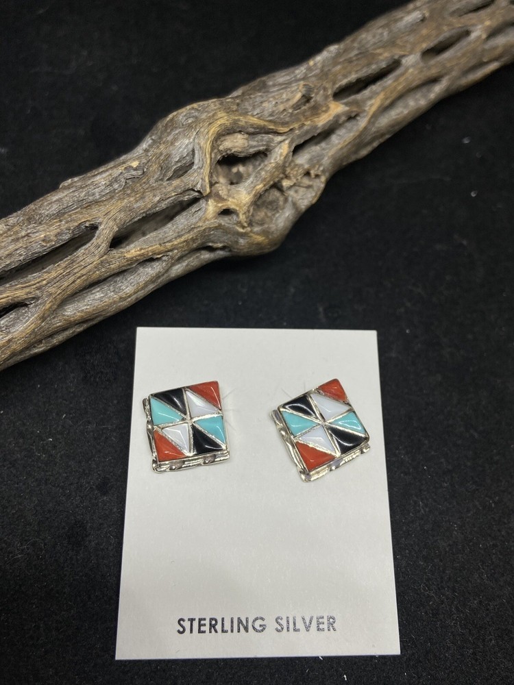 Zuni inlay multicolor / Multi Stone Turquoise & Coral Sterling Silver earrings