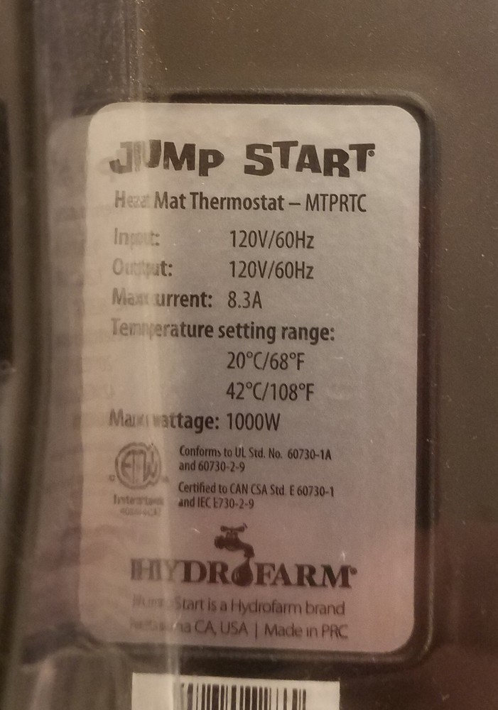 Jump Start Digital Temp Controller Thermostat For Use With Heat Mat & Hydro Res