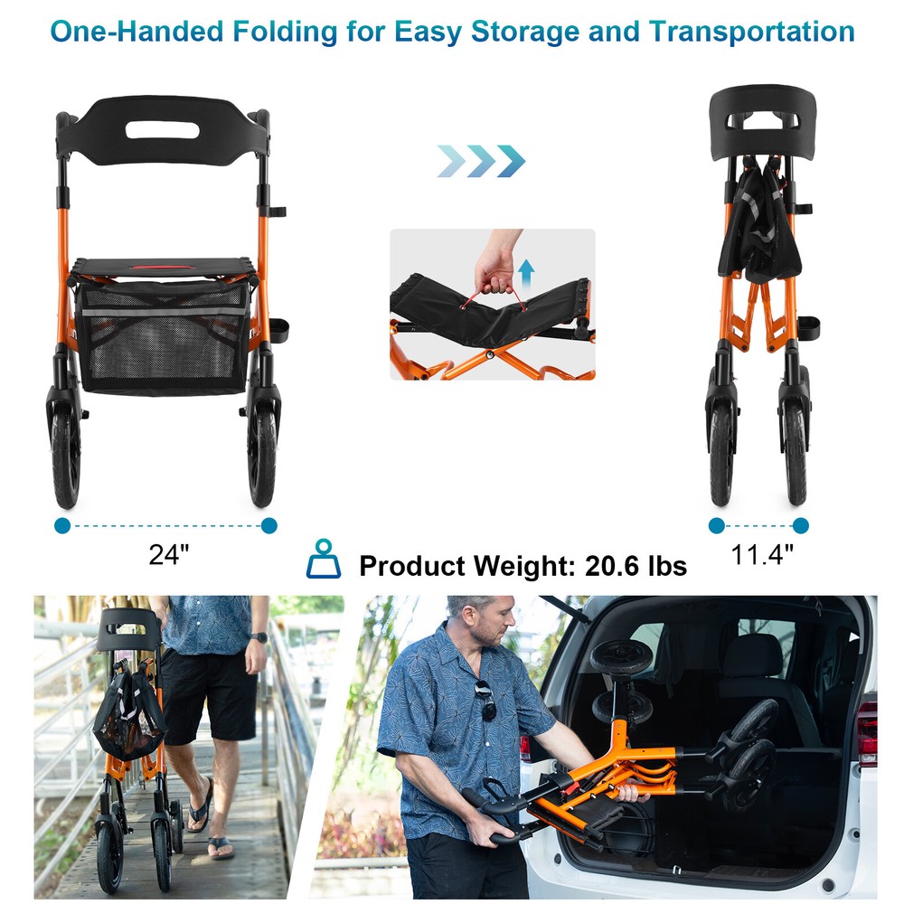 MAXWALK Rollator Walker 12in Rubber Wheels W/ Folding Mesh Backrest Adjust Seat