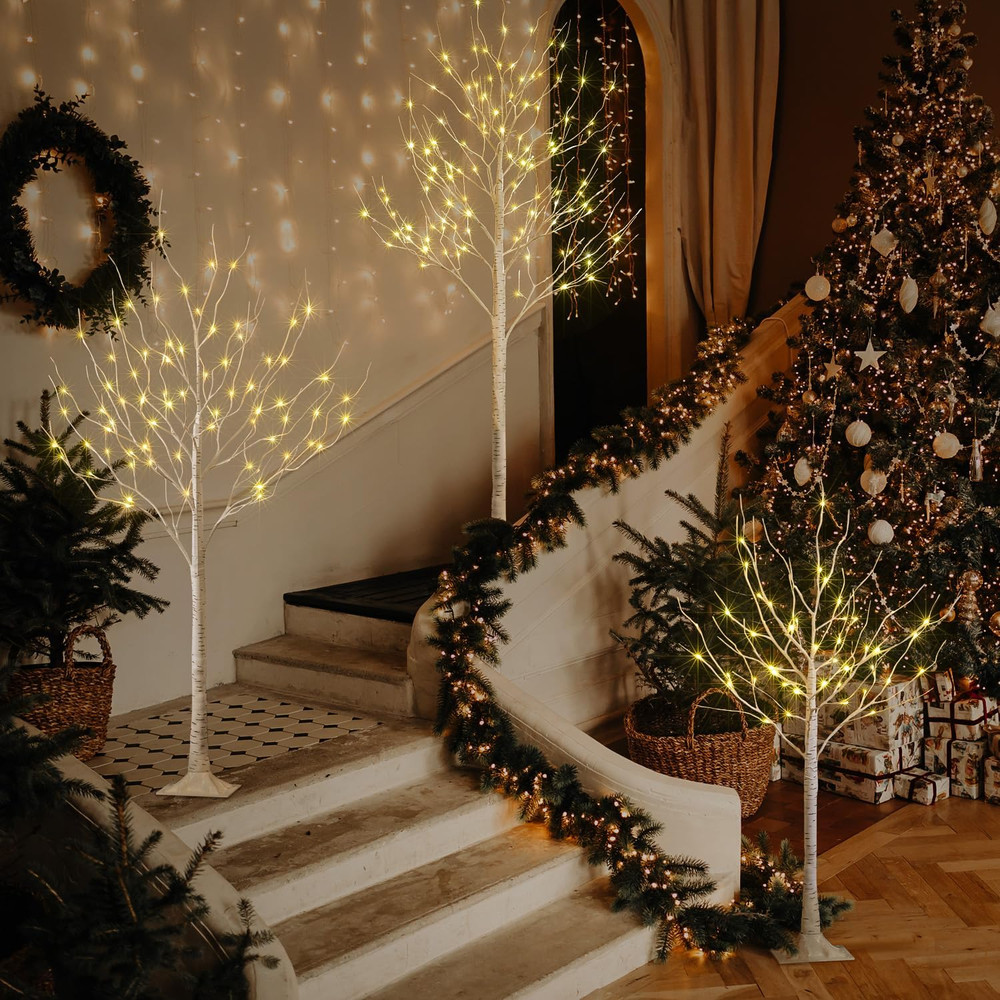 LED Birch Tree Light Set - 4Ft, 6Ft, 8Ft Trees with Warm White Lights (3-Pack)