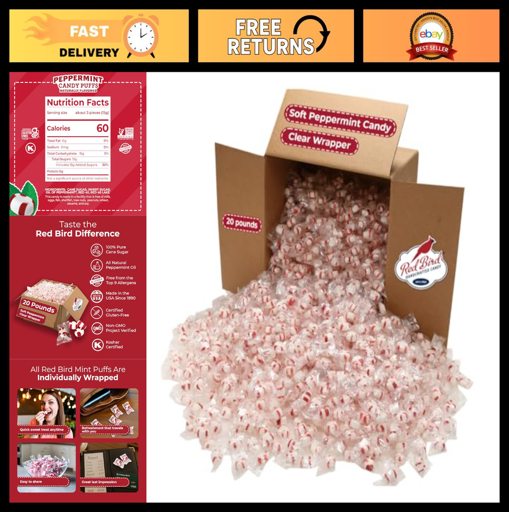 Bulk Soft Peppermint Candy Mints - Individually Wrapped, Clear Wrapper, 20 lb