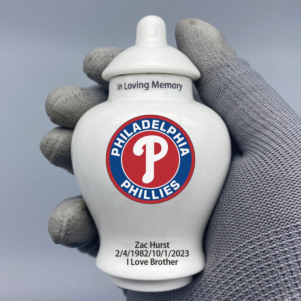 Ceramic Mini Urn for Philadelphia Phillies Baseball Theme, Custom Text