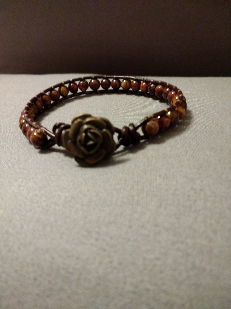 Beaded Leather Wrap Bracelet, Handmade Brown Jasper Beads