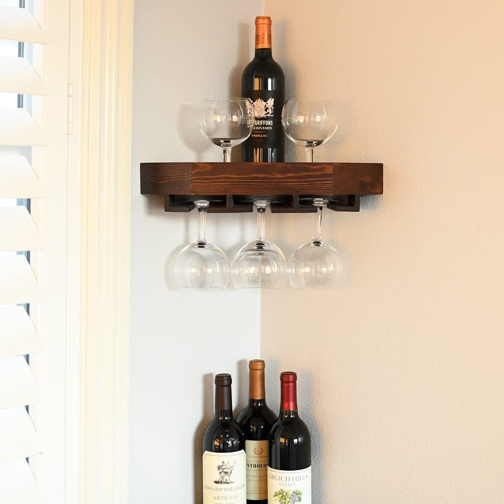 Wall Mounted Corner Wine Rack -2 Pack Wooden Rustic Floating Corner Wine Holder
