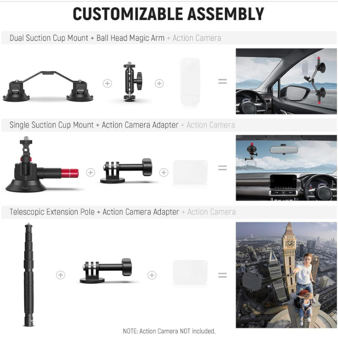 Triple Suction Cup Car Mount Kit with Extension Pole & Camera Adapter, CA065