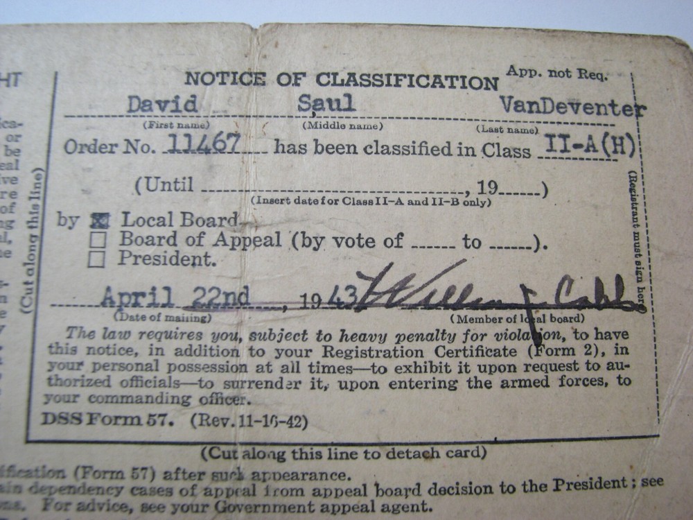 WWII Selective Service Notice of Classification Postcard 1944 Porterville CA