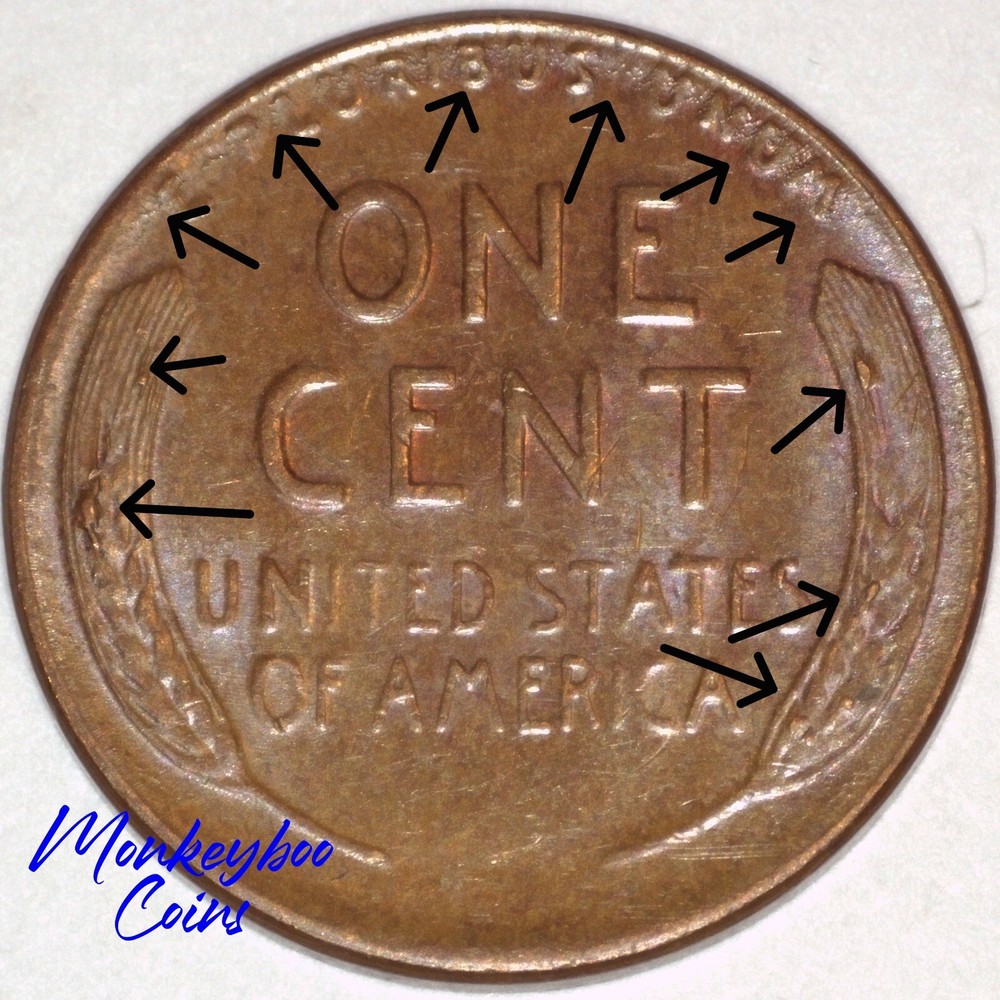 1954 Lincoln Wheat Cent - Spiked Head + Chips + Collar Clash + -Rare Error Coin