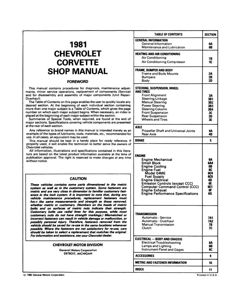 1981 Chevrolet Corvette Shop Manual