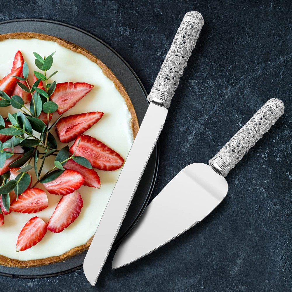 Wedding Silver Cake Knife and Server Set - 2 Pcs Dessert Set Metal Handle wit...