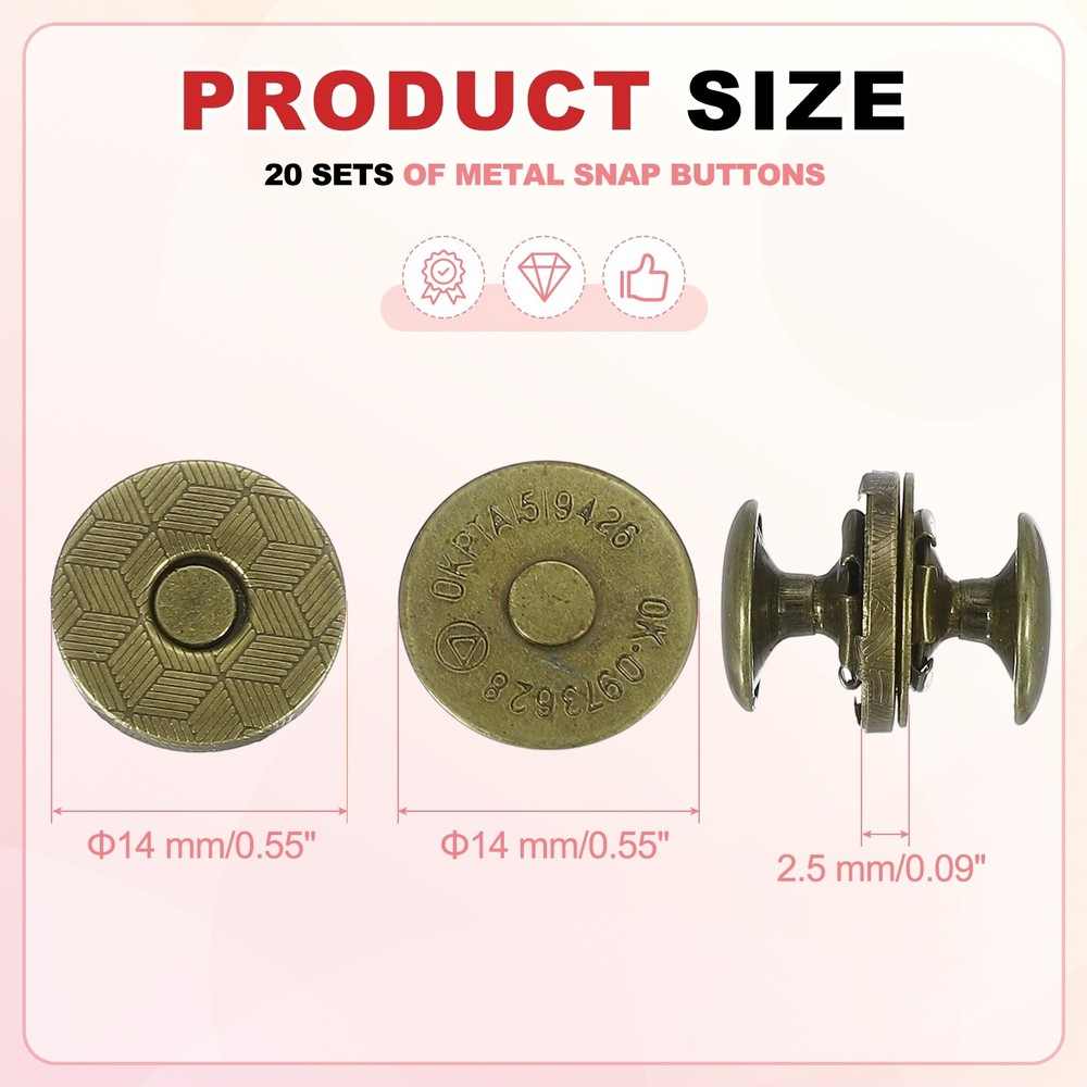 20 Sets 14 mm Magnetic Snap Stud Buttons with Cap, Bronze