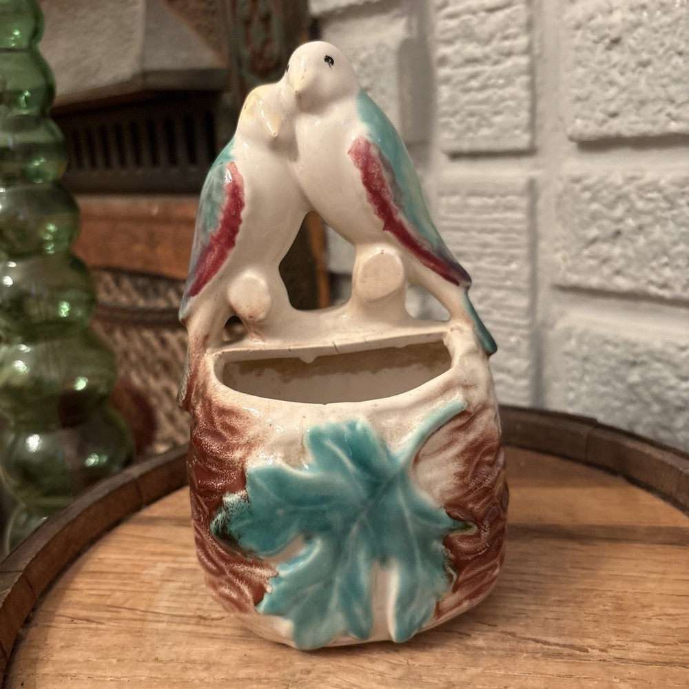Vintage-Two Parrots/ Parakeets on a Branch- Wall Pocket/Planter-Ceramic