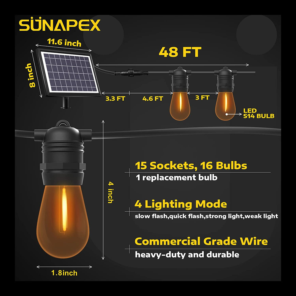 48FT Solar String Lights Outdoor - Weatherproof Vintage Edison Bulbs & 4 Mode