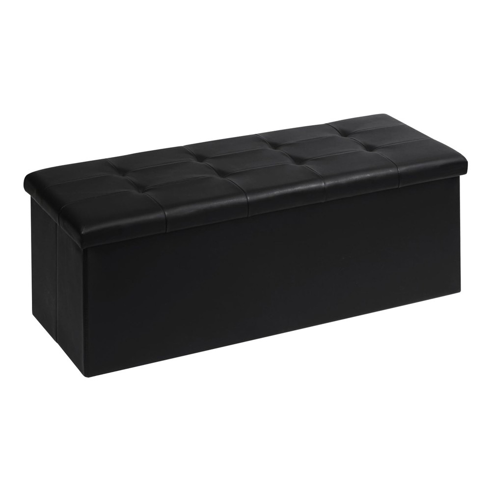 PINPLUS Folding Storage Ottoman Bench, Black Faux Leather Long Storage Chest wit