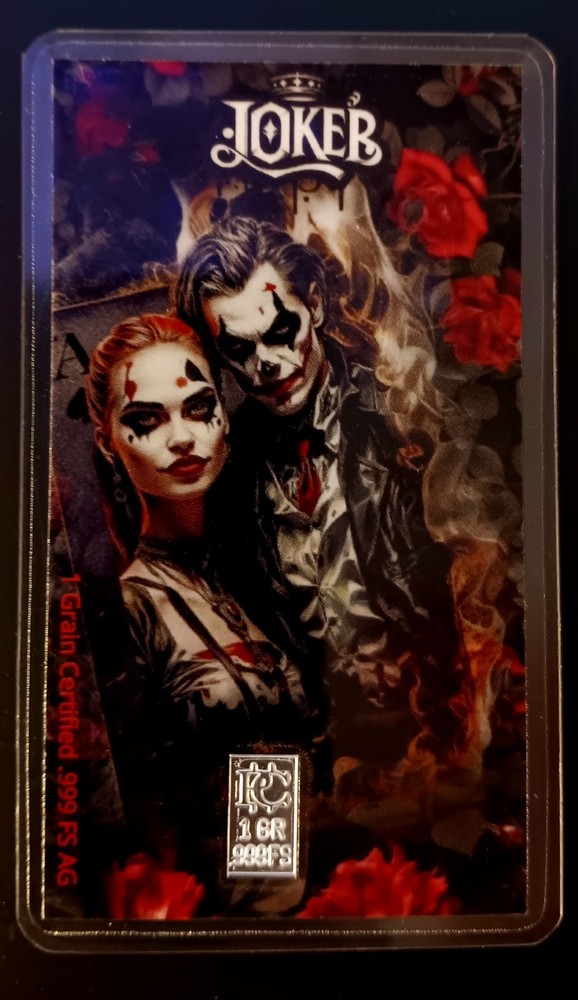 Silver .999 Fine Silver Certified 1 Grain Card Joker Rose Fire