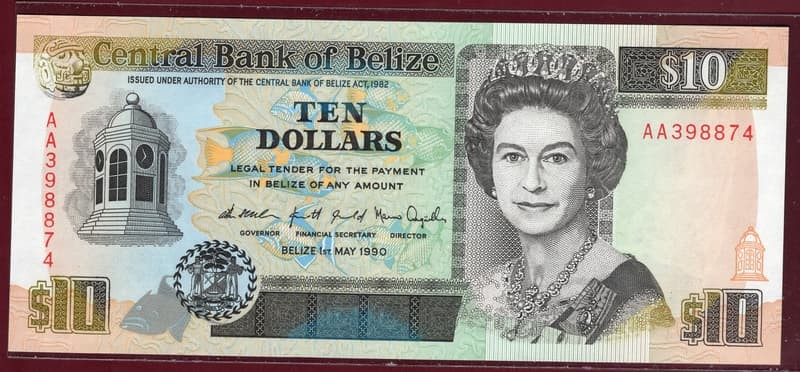 Belize  , P54a  , 10 Dollar , 1990  UNC