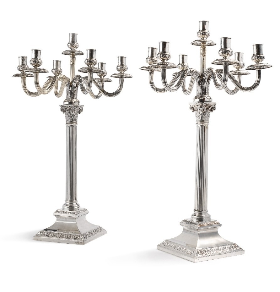 PAIROF GERMAN SILVER SEVEN LIGHT CANDELABRA CORINTHIAN COLUMN