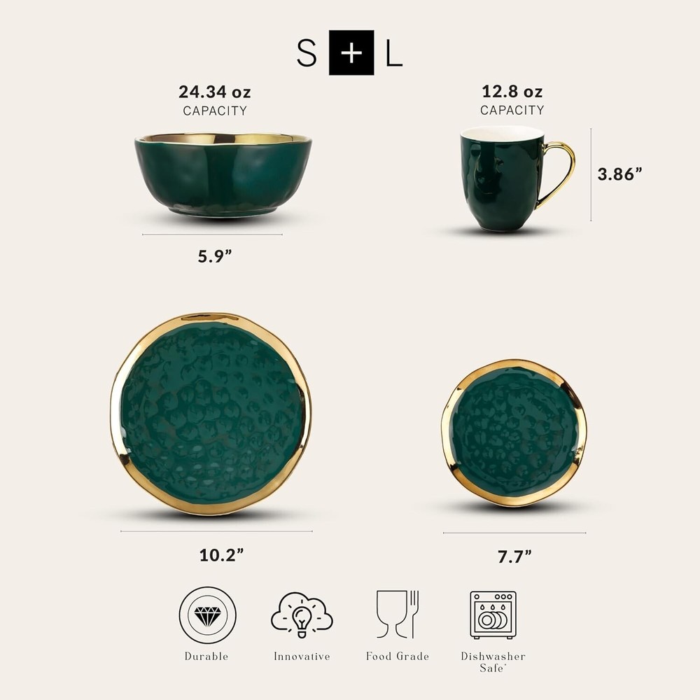 Artfully Crafted 16-Piece Green & Gold Dinnerware Set - Perfect for Entertaining
