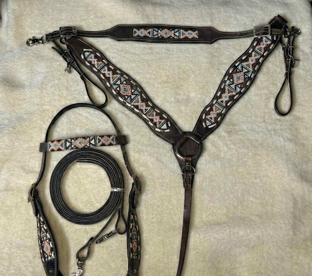 Martin Saddlery Western Premium Leather Equestrian Bead Headstall, Breast Collar