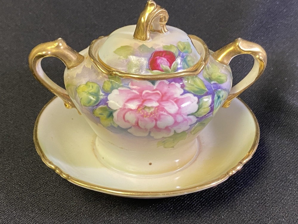Nippon Morimura Hand Painted Pink Roses Mustard Condiment Pot w/ Liner